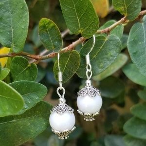 White Beaded Earrings, 925 hooks